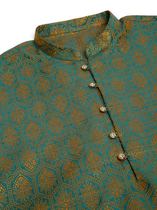 Jompers Men's Blue and Golden Woven Design Kurta Pajama