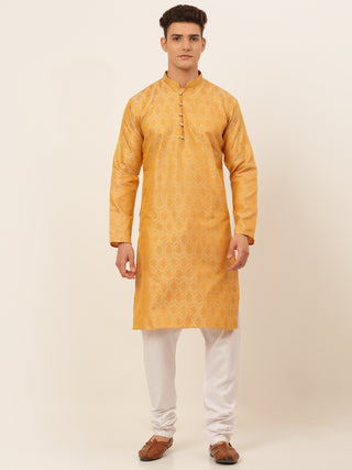 Jompers Men's Silver and Golden Woven Design Kurta Pajama