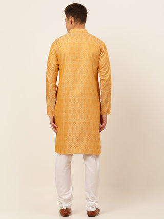 Jompers Men's Silver and Golden Woven Design Kurta Pajama