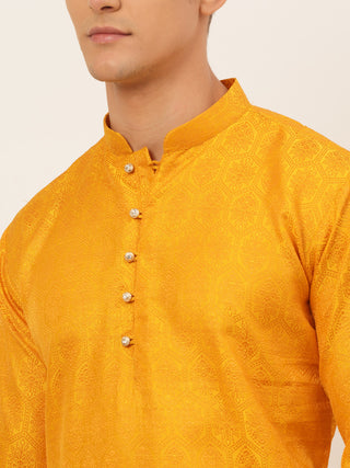 Jompers Men's Mustard and Golden Woven Design Kurta Pajama