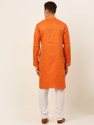 Jompers Men's Orange and Golden Woven Design Kurta Pajama