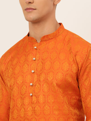 Jompers Men's Orange and Golden Woven Design Kurta Pajama