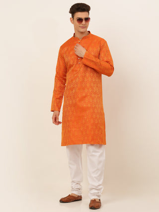 Jompers Men's Orange and Golden Woven Design Kurta Pajama