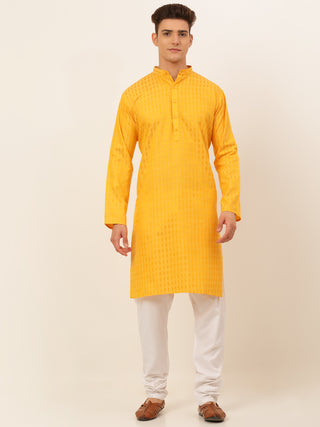 Jompers Men's Mustard Woven Design Kurta Pajama