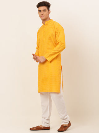 Jompers Men's Mustard Woven Design Kurta Pajama