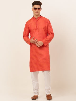 Jompers Men's Red Woven Design Kurta Pajama