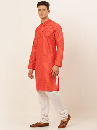 Jompers Men's Red Woven Design Kurta Pajama