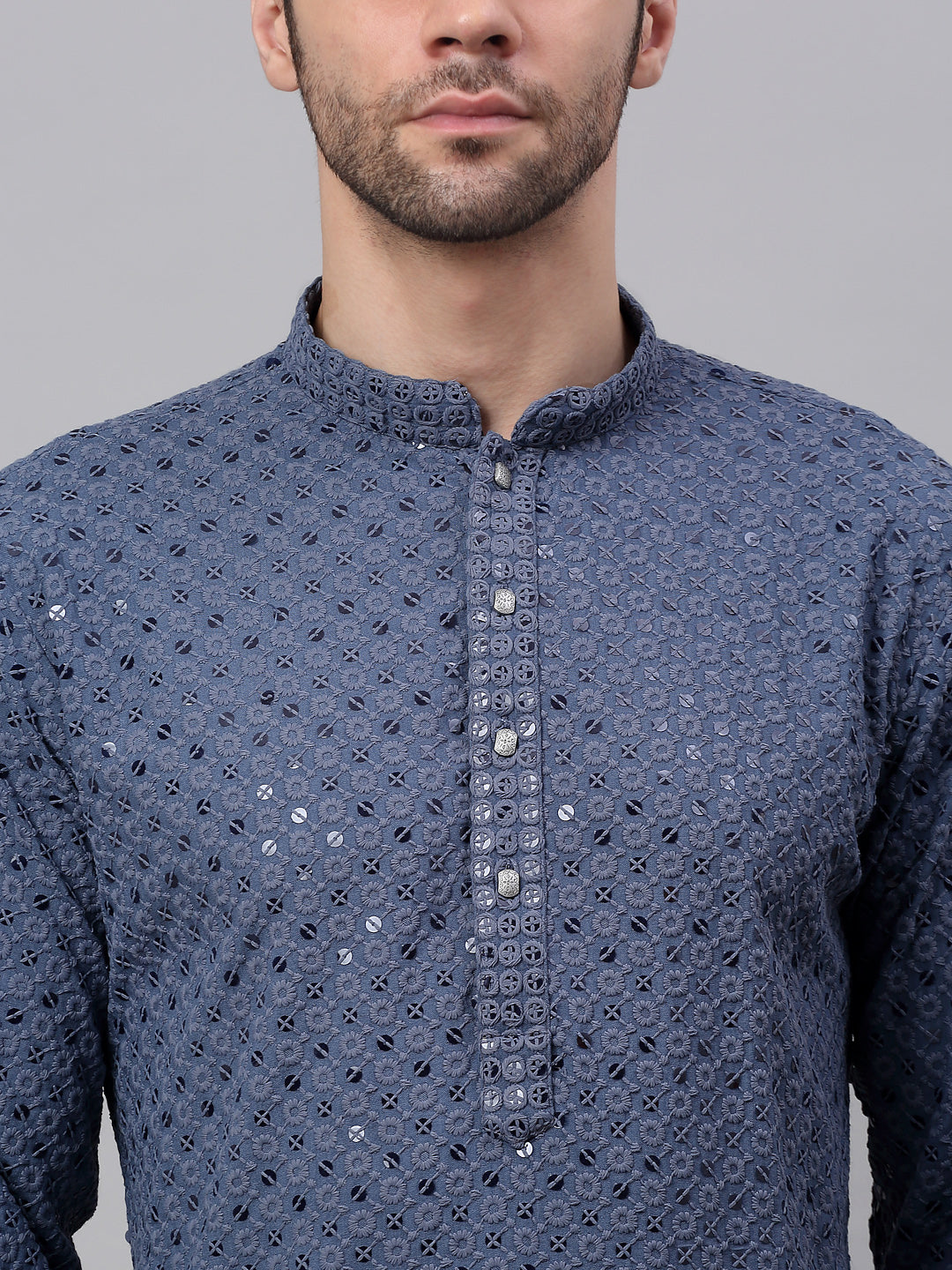Men Grey Chikankari Embroidered and Sequence Kurta with Churidar
