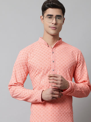 Men Peach Chikankari Embroidered and Sequence Kurta with Churidar