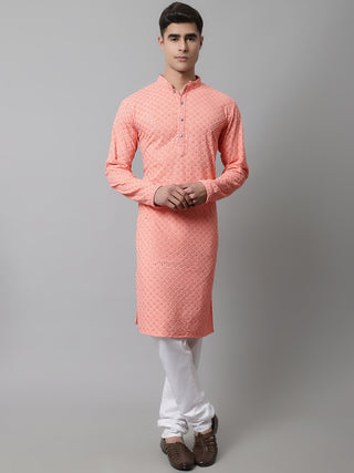 Men Peach Chikankari Embroidered and Sequence Kurta with Churidar