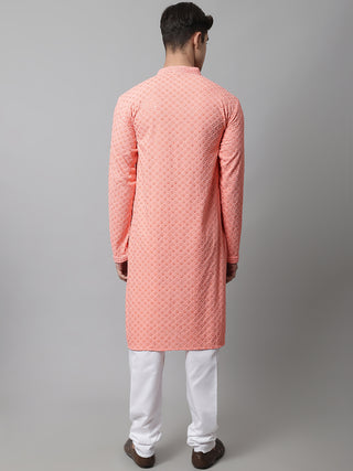 Men Peach Chikankari Embroidered and Sequence Kurta with Churidar