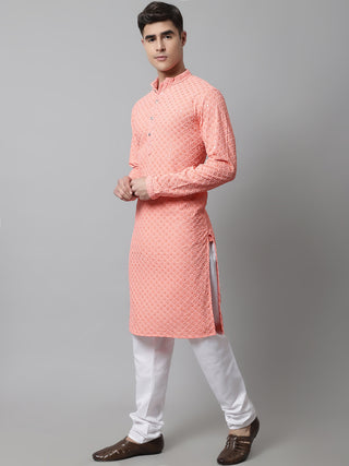 Men Peach Chikankari Embroidered and Sequence Kurta with Churidar