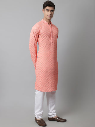 Men Peach Chikankari Embroidered and Sequence Kurta with Churidar