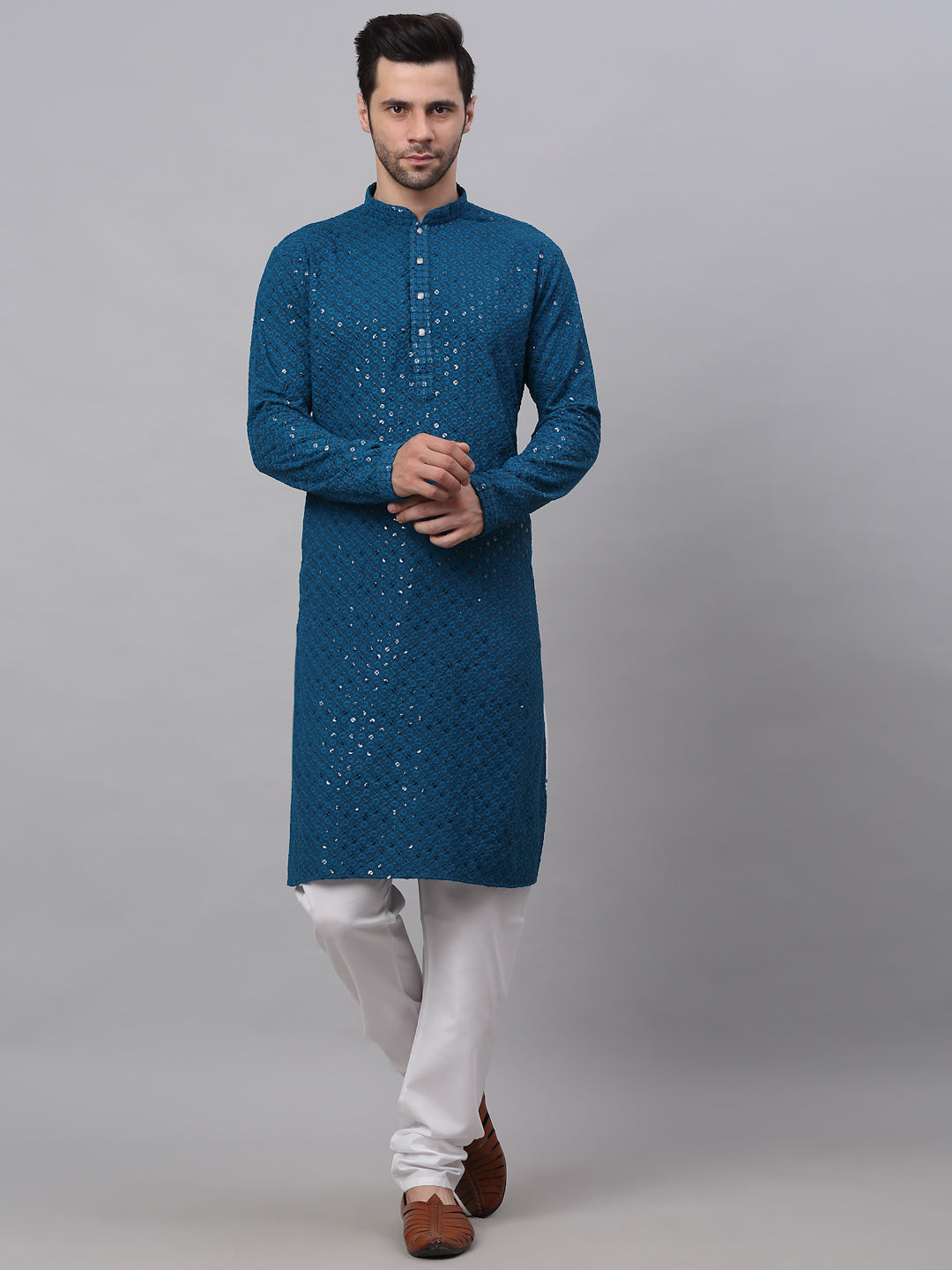 Men Blue Chikankari Embroidered and Sequence Kurta with Churidar