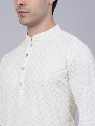 Men White Chikankari Embroidered and Sequence Kurta with Churidar