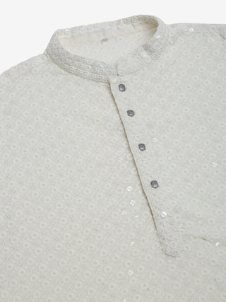 Men White Chikankari Embroidered and Sequence Kurta with Churidar