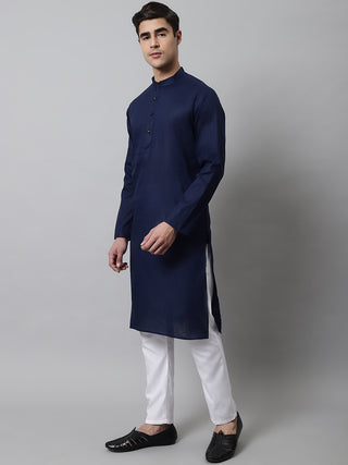 Jompers Men's Navy Blue Cotton Striped Kurta Payjama Sets