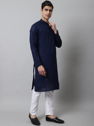 Jompers Men's Navy Blue Cotton Striped Kurta Payjama Sets