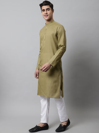 Jompers Men's Olive Green Cotton Striped Kurta Payjama Sets