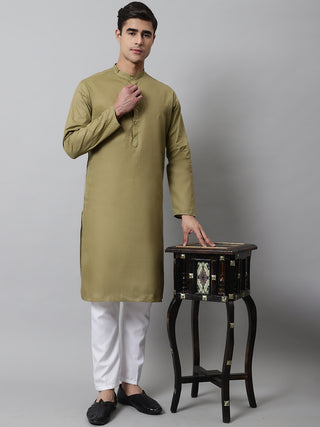 Jompers Men's Olive Green Cotton Striped Kurta Payjama Sets