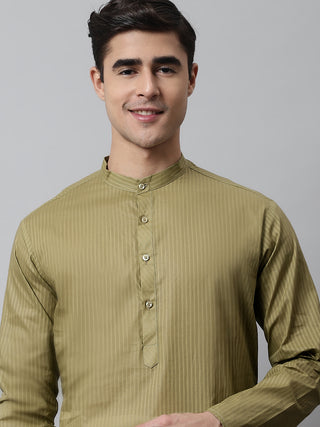 Jompers Men's Olive Green Cotton Striped Kurta Payjama Sets