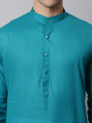 Jompers Men's Teal Blue Cotton Striped Kurta Payjama Sets