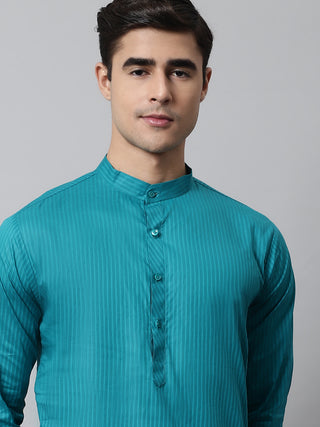 Jompers Men's Teal Blue Cotton Striped Kurta Payjama Sets