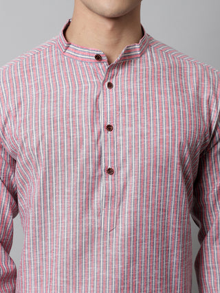 Men Coral Red Striped Kurta with Pyjama