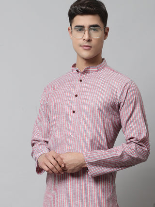 Men Coral Red Striped Kurta with Pyjama