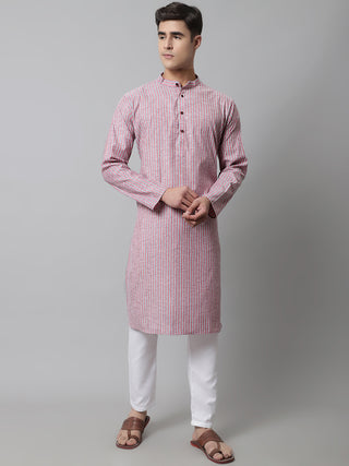 Men Coral Red Striped Kurta with Pyjama