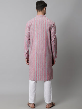 Men Coral Red Striped Kurta with Pyjama