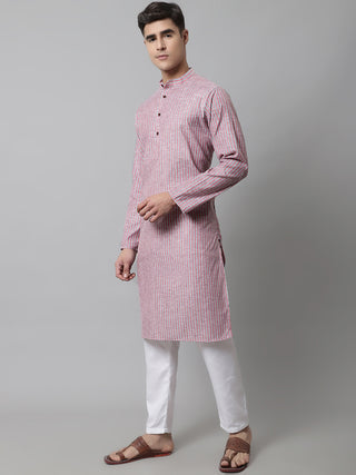 Men Coral Red Striped Kurta with Pyjama