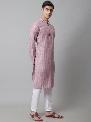 Men Coral Red Striped Kurta with Pyjama