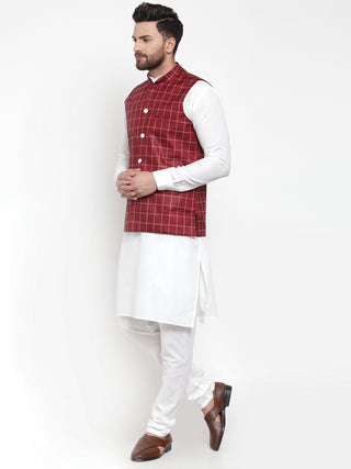 Jompers Men's Solid Kurta Pajama with Checked Waistcoat