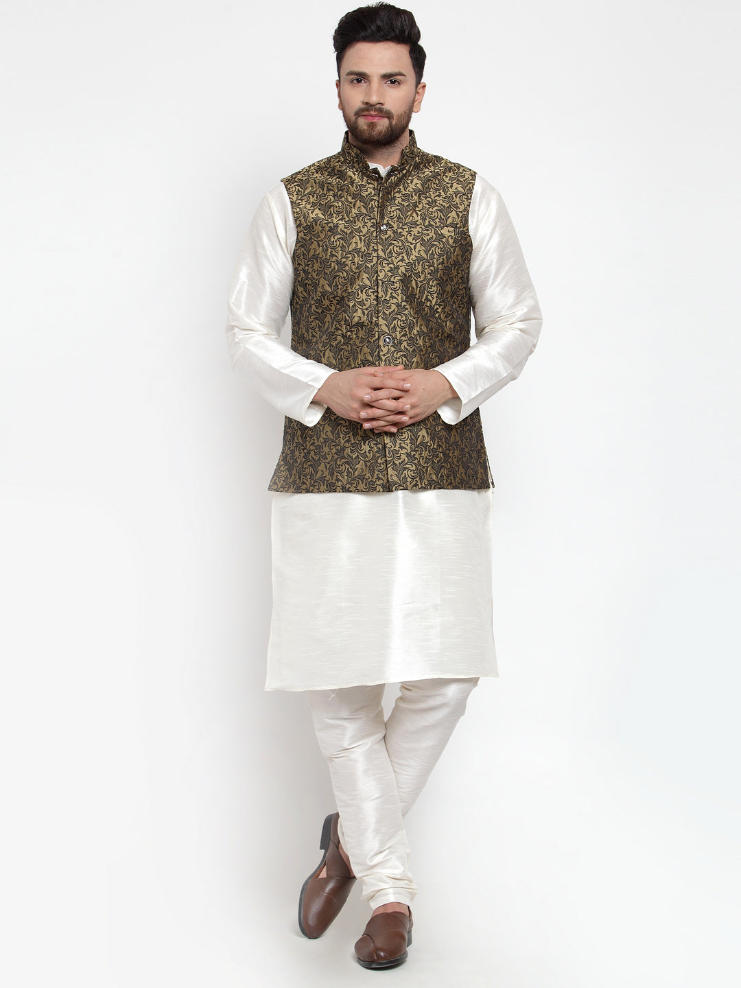 Jompers Men's Solid Dupion Kurta Pajama with Woven Jacquard Waistcoat