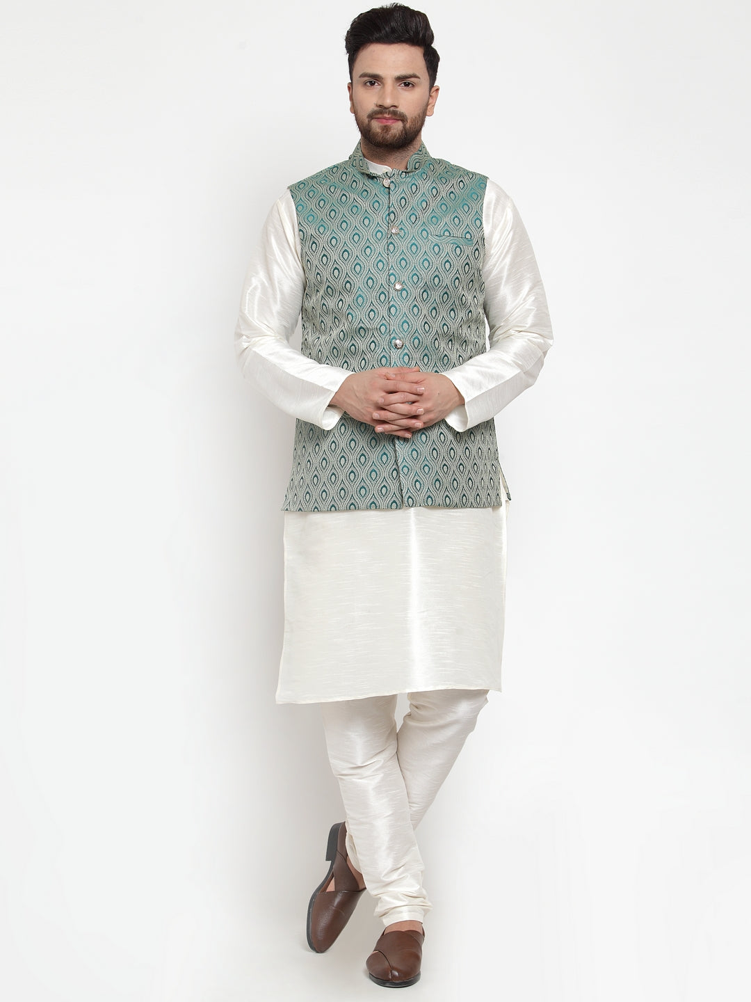 Jompers Men's Solid Dupion Kurta Pajama with Woven Jacquard Waistcoat