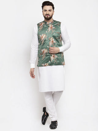 Jompers Men's Solid Cotton Kurta Pajama with Printed Waistcoat