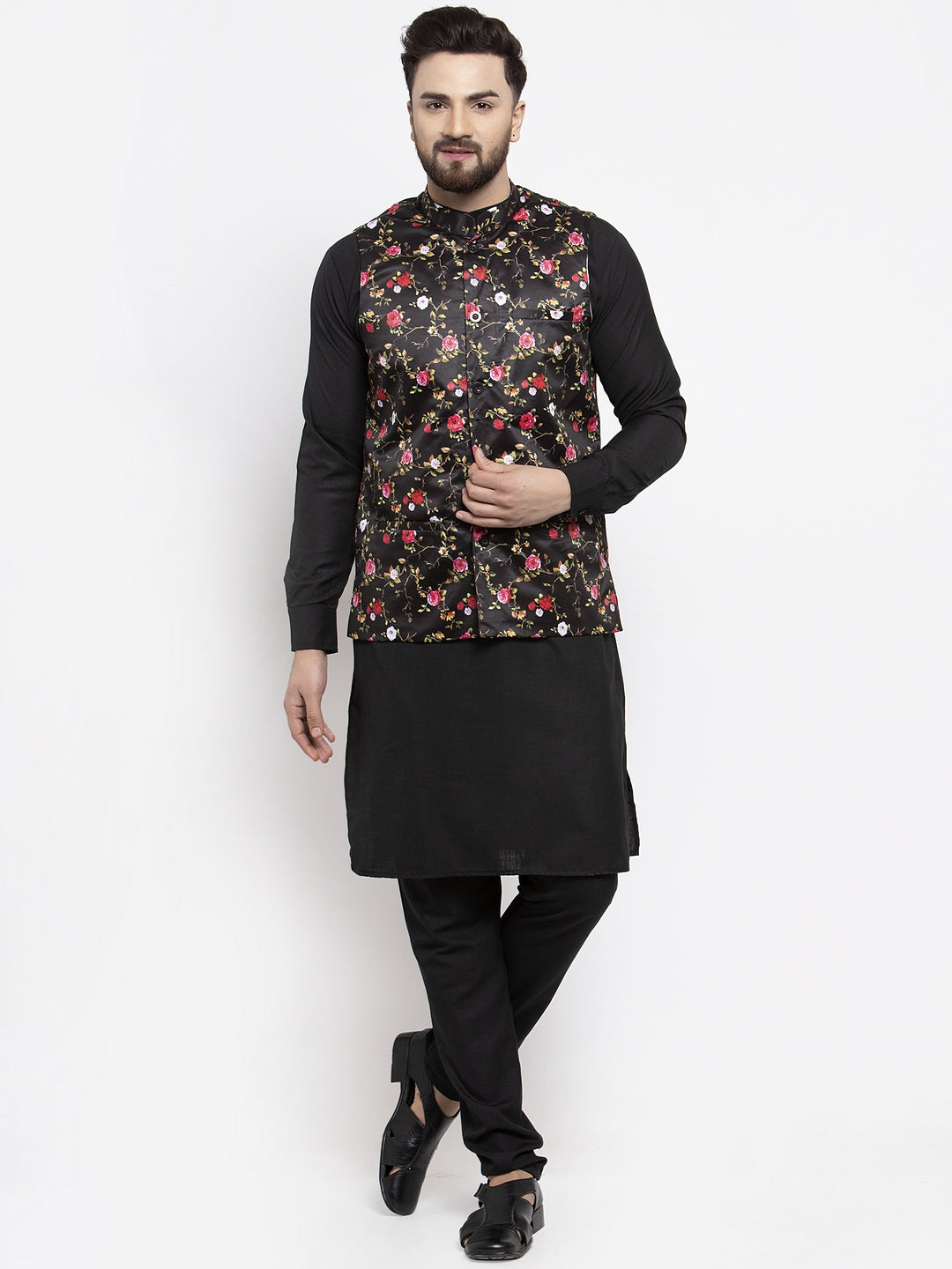 Black Kurta Pajama For Men With Waistcoat Jompers Men's Solid