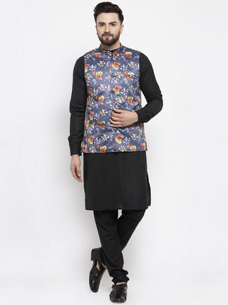 Jompers Men's Solid Cotton Kurta Pajama with Printed Waistcoat