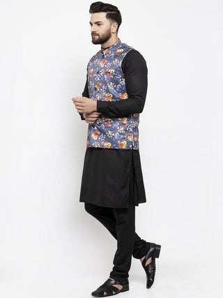 Jompers Men's Solid Cotton Kurta Pajama with Printed Waistcoat