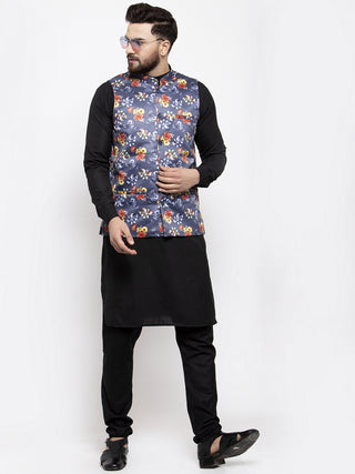 Jompers Men's Solid Cotton Kurta Pajama with Printed Waistcoat