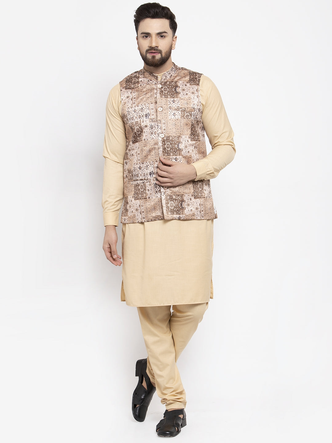 Jompers Men's Solid Cotton Kurta Pajama with Printed Waistcoat