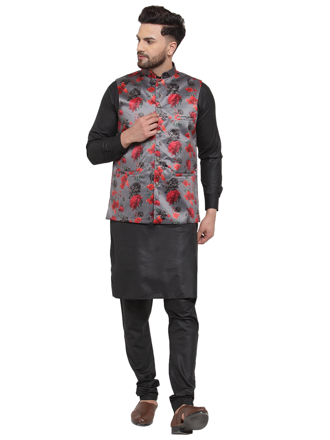 Jompers Men's Solid Cotton Kurta Pajama with Printed Waistcoat