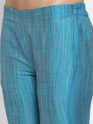 Jompers Women Blue & Green Self-Striped Kurta with Trousers