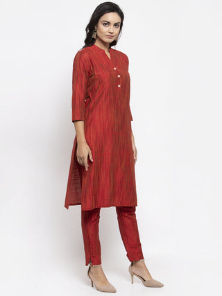 Jompers Women Red Self-Striped Kurta with Trousers