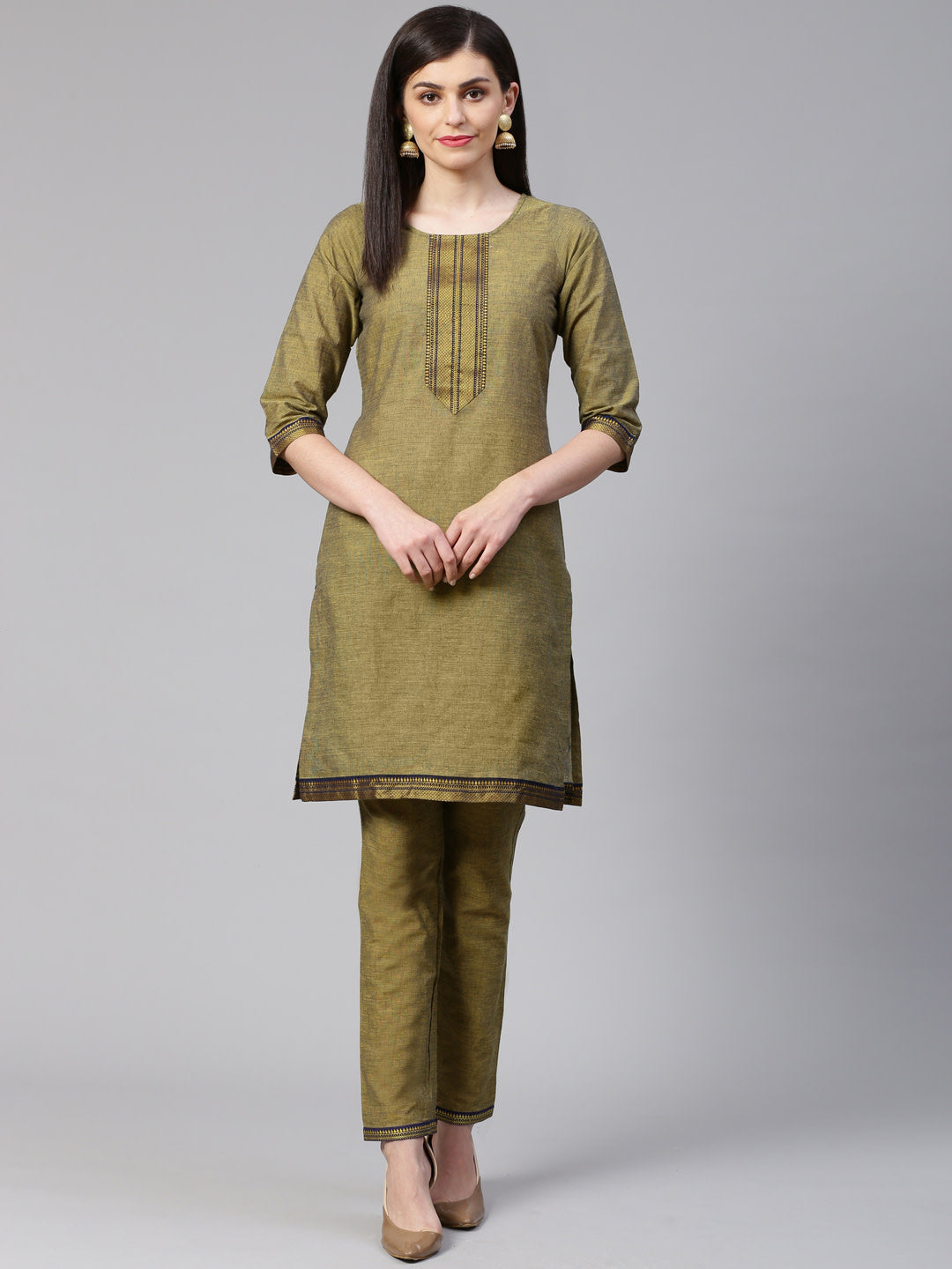 Jompers Women Mustard Yoke Design Kurta with Trousers