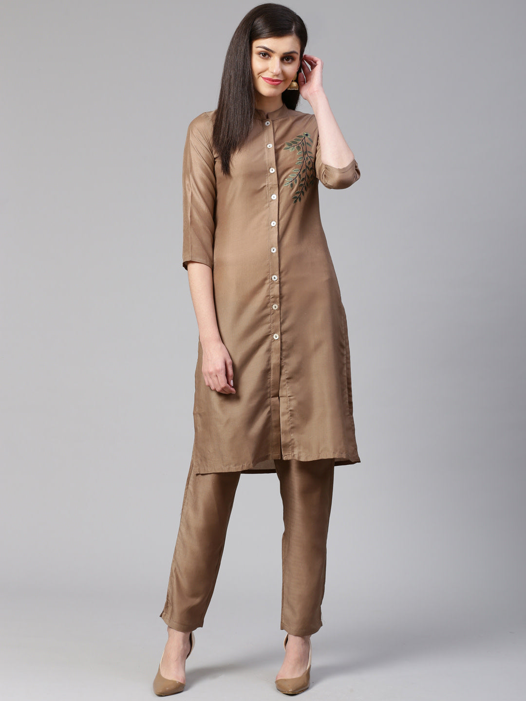 Jompers Women Brown Embroidered Solid Kurta with Trousers