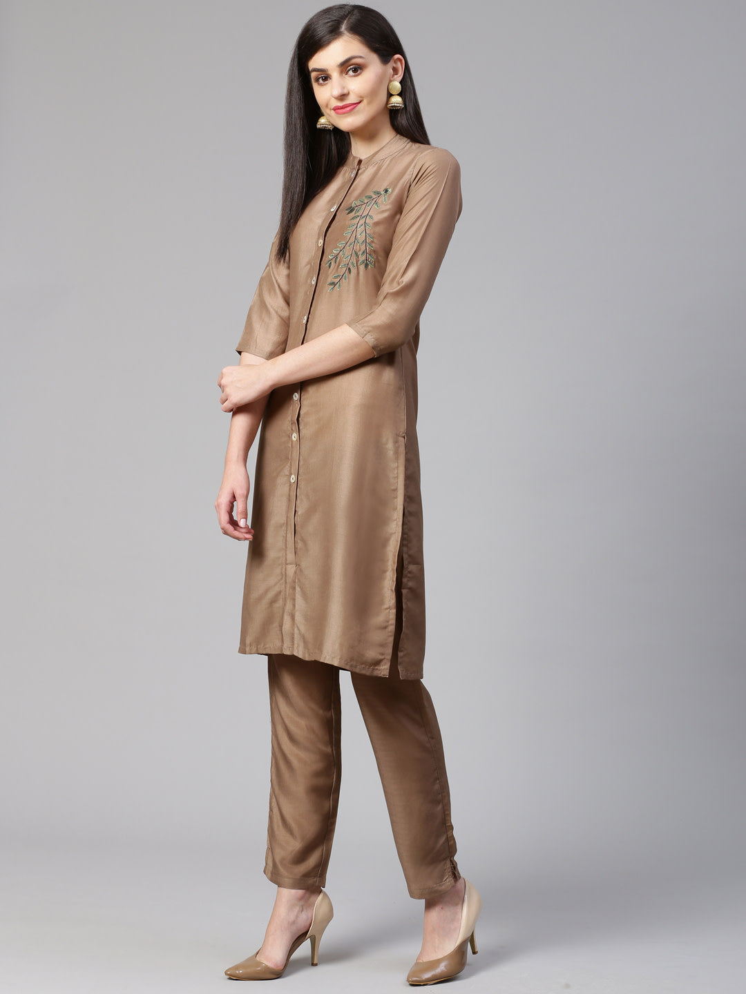 Jompers Women Brown Embroidered Solid Kurta with Trousers