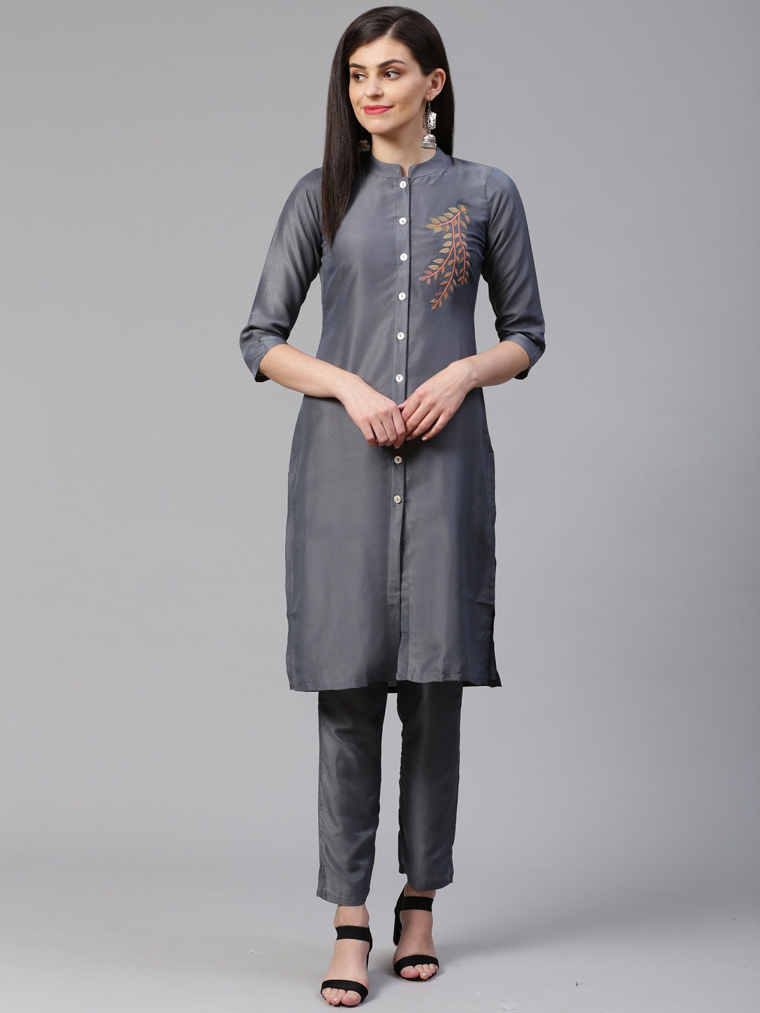 Jompers Women Grey Embroidered Solid Kurta with Trousers