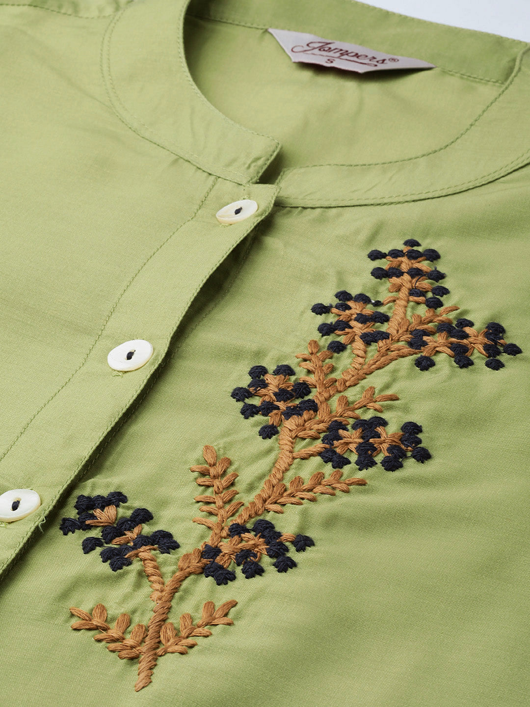 Women Green Embroidered Detail Kurta with Trousers